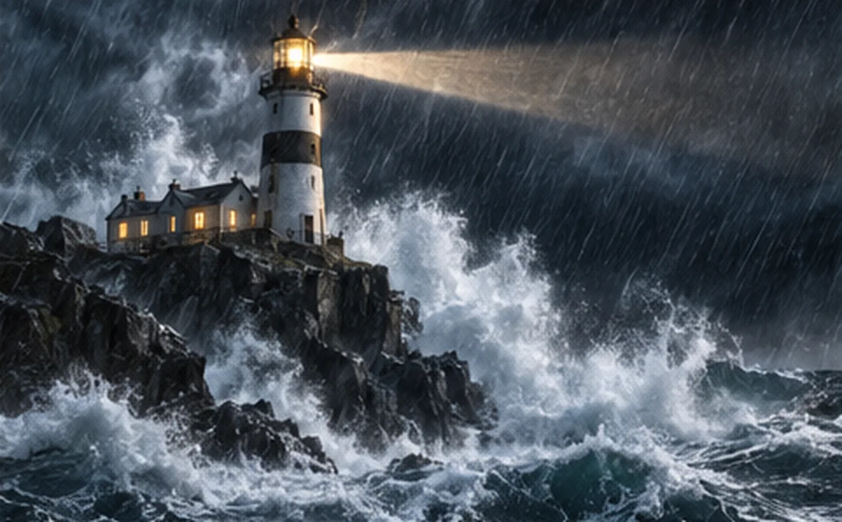 Final film frame 1: The lighthouse on its cliff in a violent night storm.