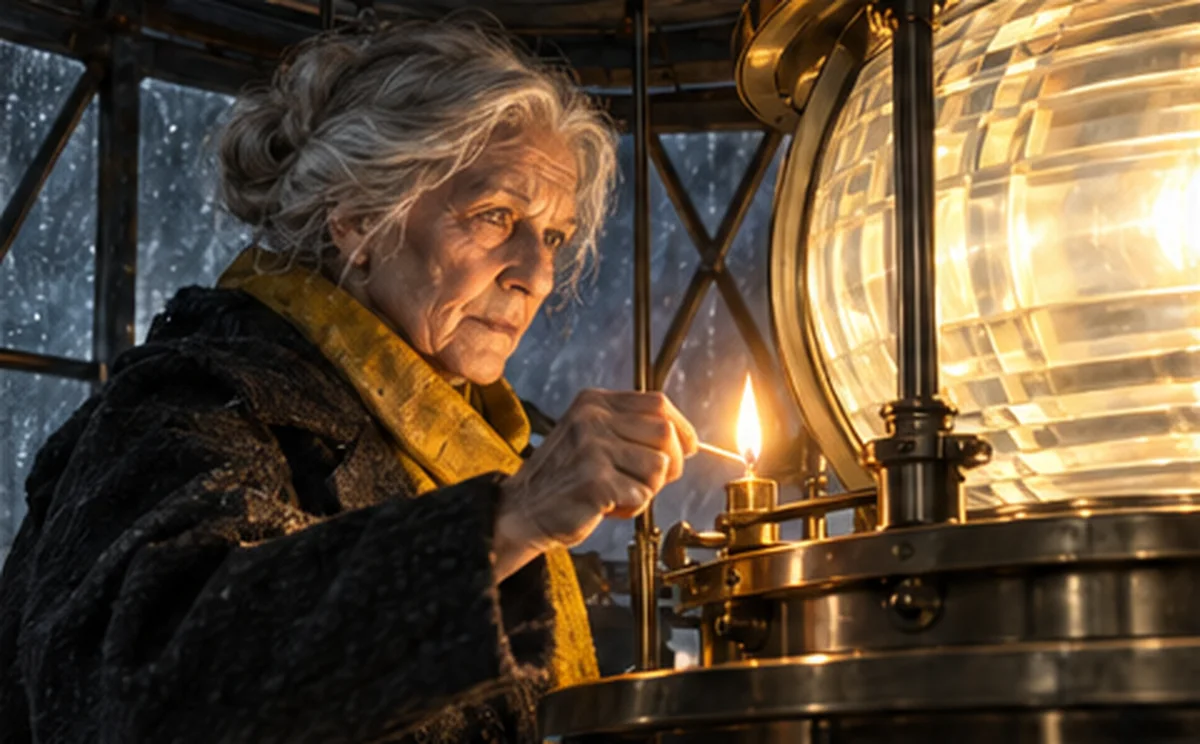 Final film frame 2: The keeper strikes a match and lights the great lamp.