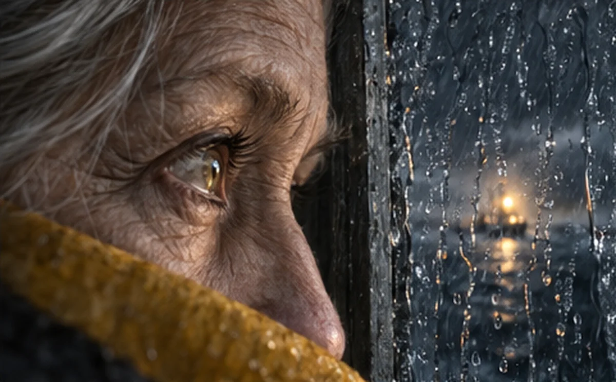 Final film frame 3: Her eyes. A tiny ship light in the rain on the glass.
