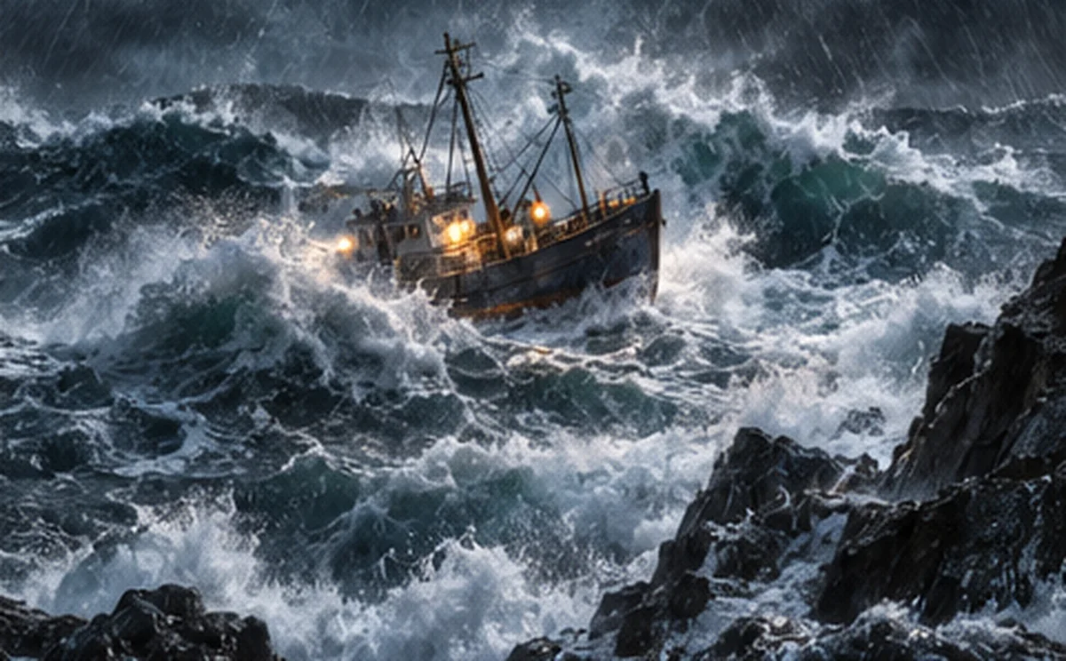 Final film frame 4: A fishing boat thrown between the waves, close to the rocks.