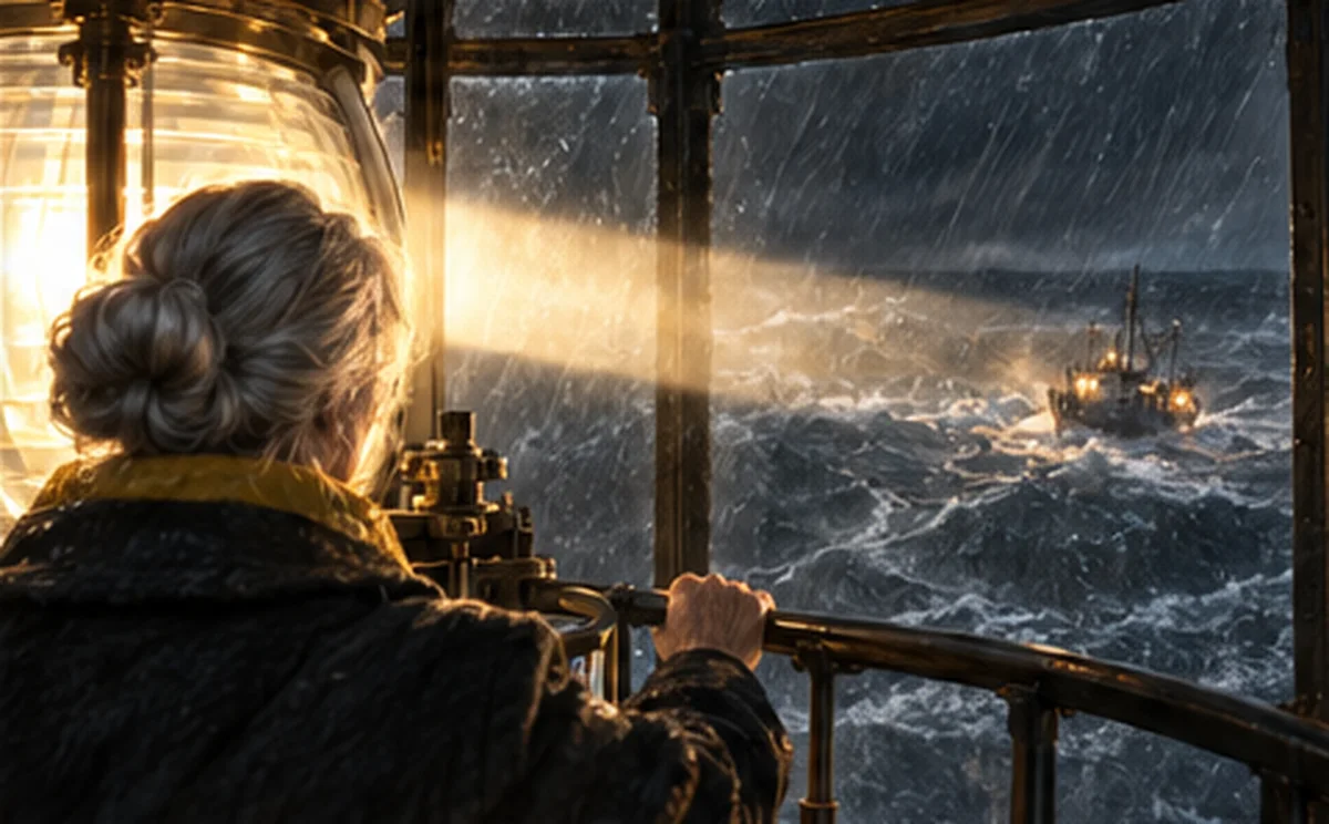 Final film frame 5: She swings the beam across the sea toward the boat.
