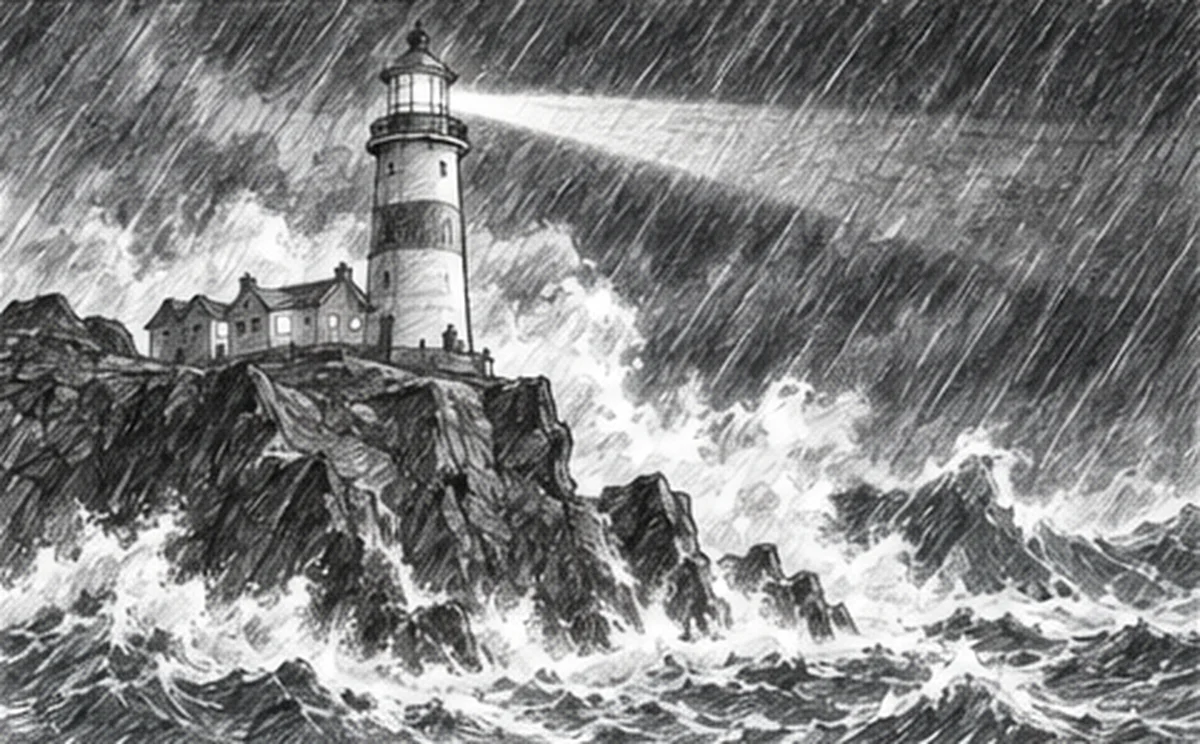 Storyboard shot 1: The lighthouse on its cliff in a violent night storm.