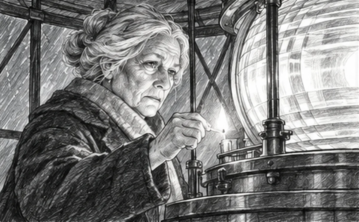 Storyboard shot 2: The keeper strikes a match and lights the great lamp.