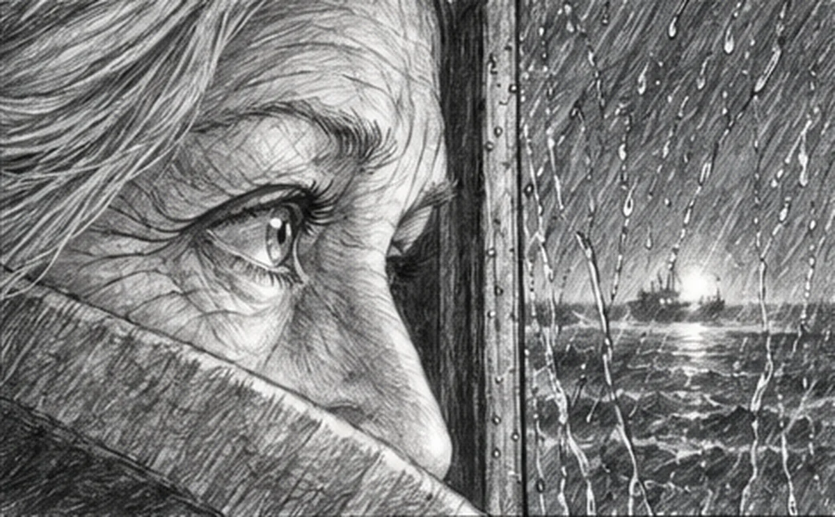 Storyboard shot 3: Her eyes. A tiny ship light in the rain on the glass.