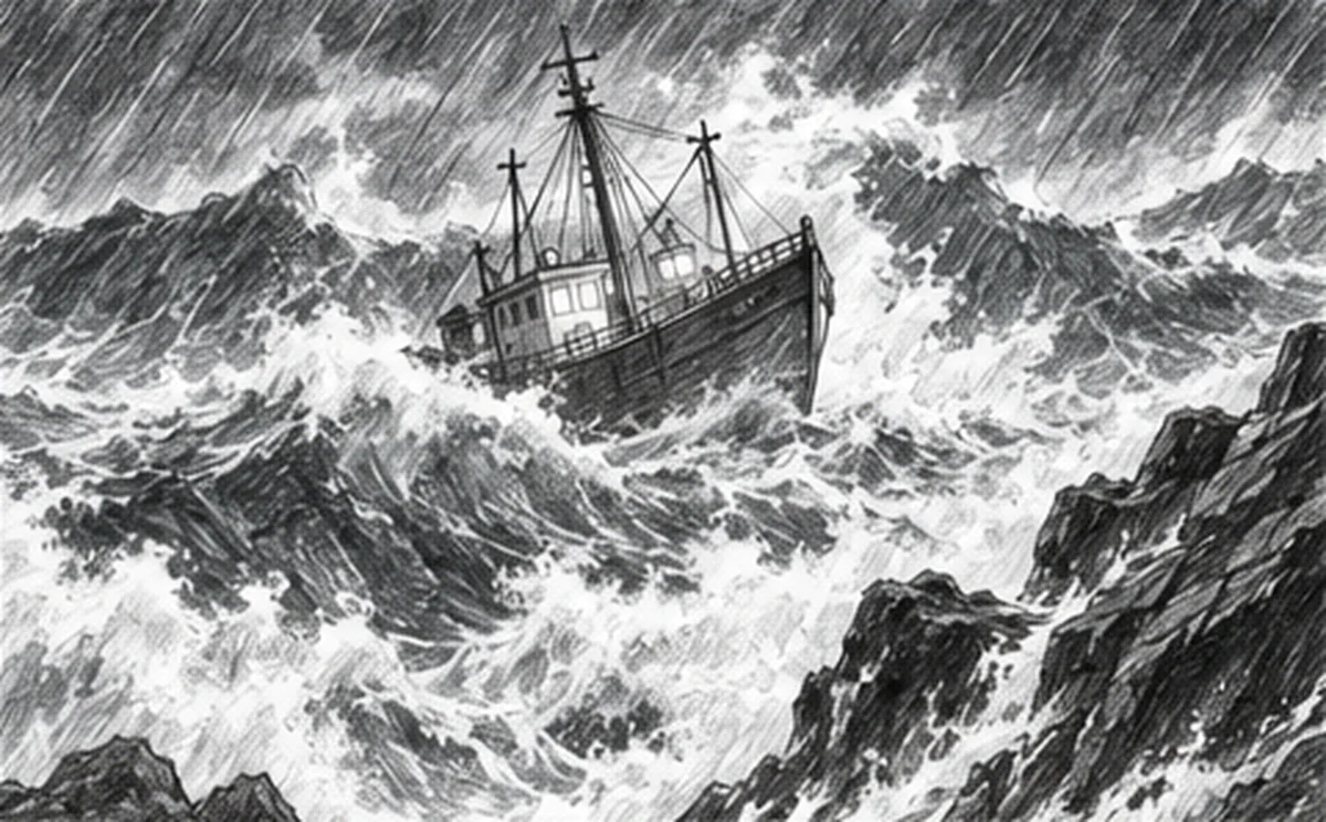 Storyboard shot 4: A fishing boat thrown between the waves, close to the rocks.