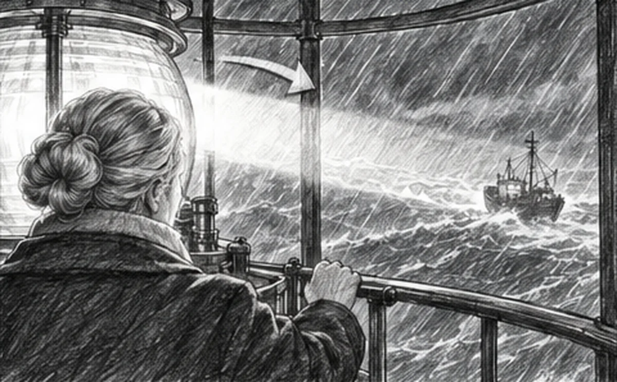 Storyboard shot 5: She swings the beam across the sea toward the boat.