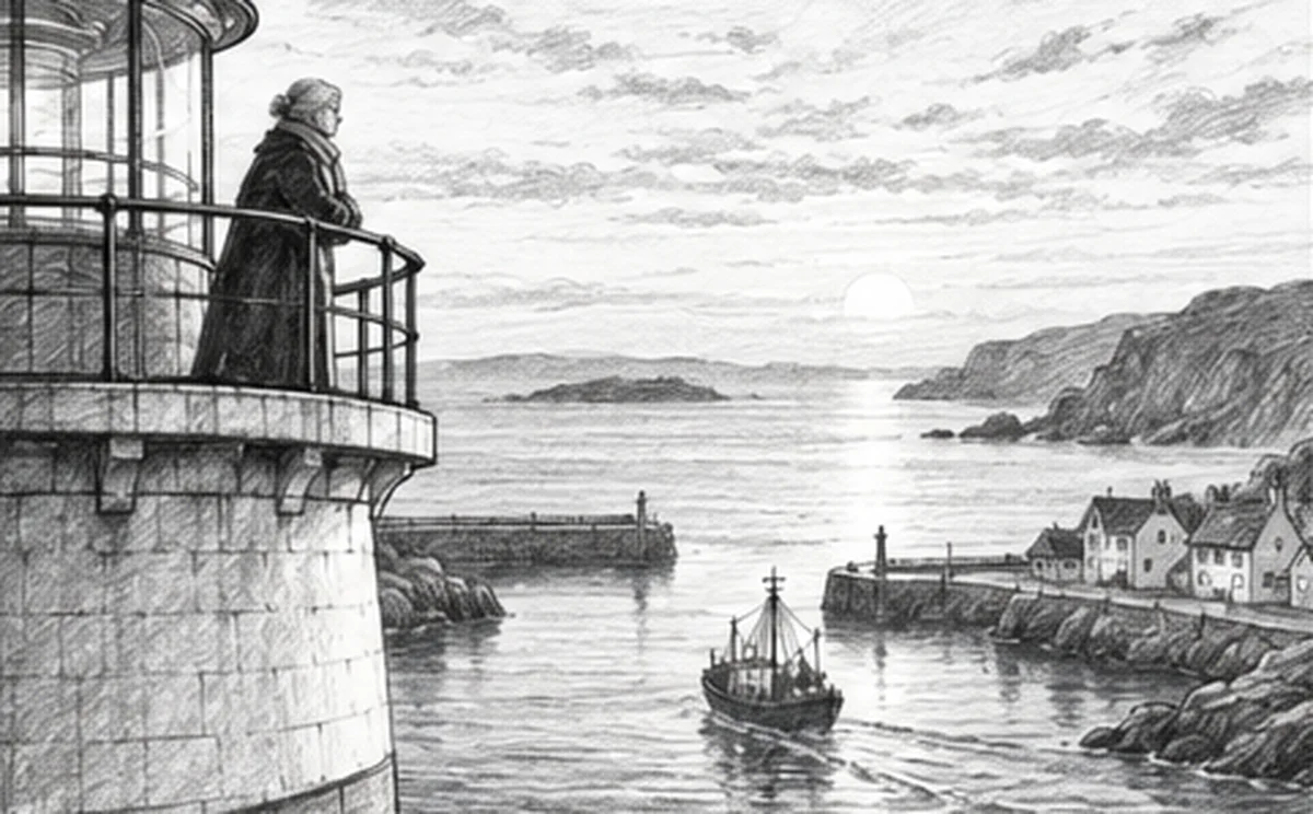 Storyboard shot 6: Calm water. The boat is safe in the harbour below.